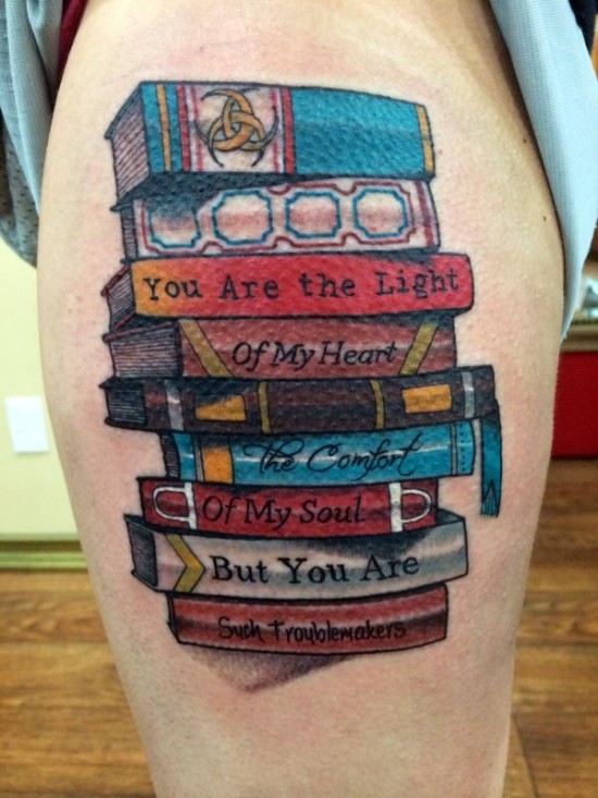Tattoo uploaded by Allison McCarty  Im really into these stacked books I  think Id prefer color here though  Tattoodo